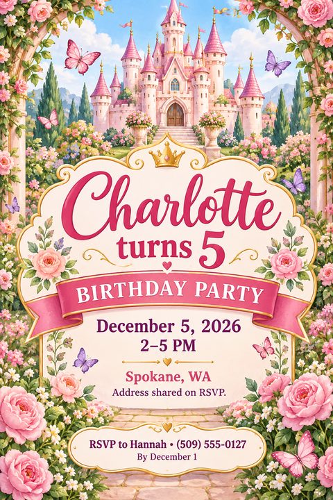 A birthday party invitation flyer featuring an illustration of a pink fairytale castle surrounded by pink roses and butterflies. A decorative plaque in the center holds the party details.