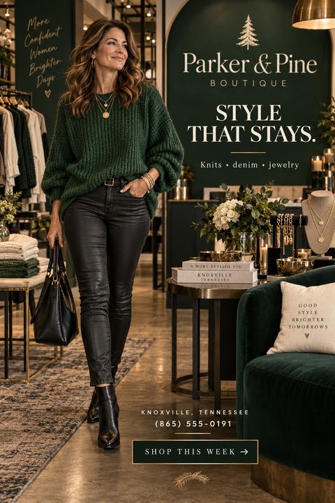 A woman in a green sweater and black pants walks through a clothing boutique. The flyer has a dark green background with gold text that reads 'Parker & Pine Boutique', 'Style That Stays', and 'Knits, denim, jewelry'.