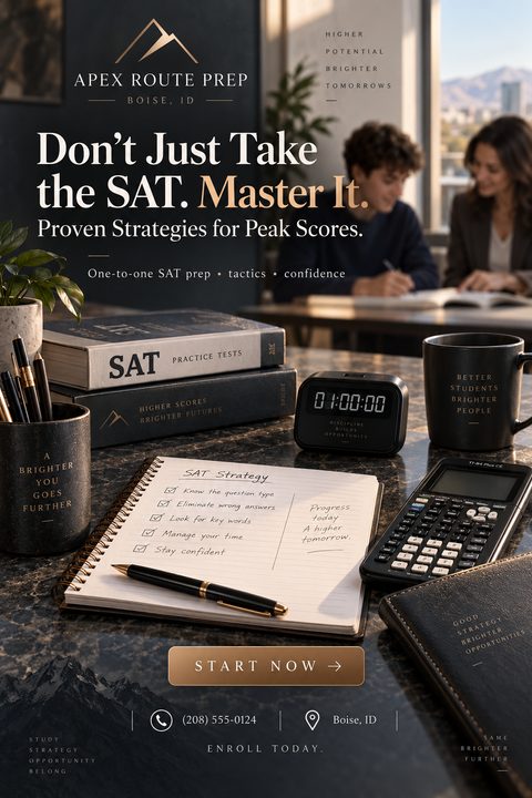 A flyer for SAT prep featuring a dark, moody photo of a desk with study materials, a timer, and a calculator. In the background, a student and tutor are working. The text reads 'Don't Just Take the SAT. Master It.'