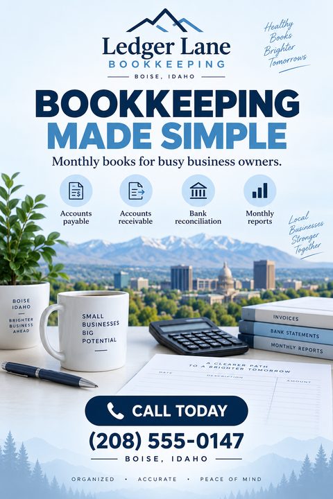 Bookkeeping services flyer with a desk scene featuring a calculator, coffee mug, paperwork, and a city skyline in the background.