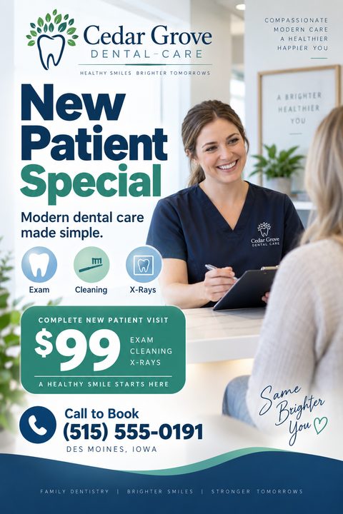 Flyer for a dental clinic advertising a new patient special. Features a photo of a smiling receptionist talking to a patient, with icons for exam, cleaning, and x-rays.