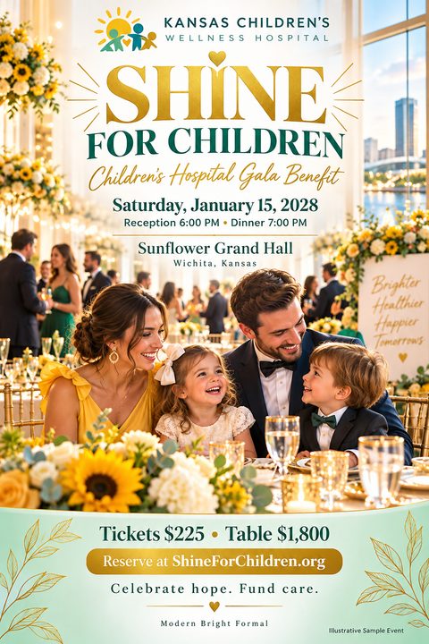 Elegant fundraising gala flyer featuring a happy family at a formal dinner table adorned with sunflowers. The design uses gold and dark green text on a bright, airy background.