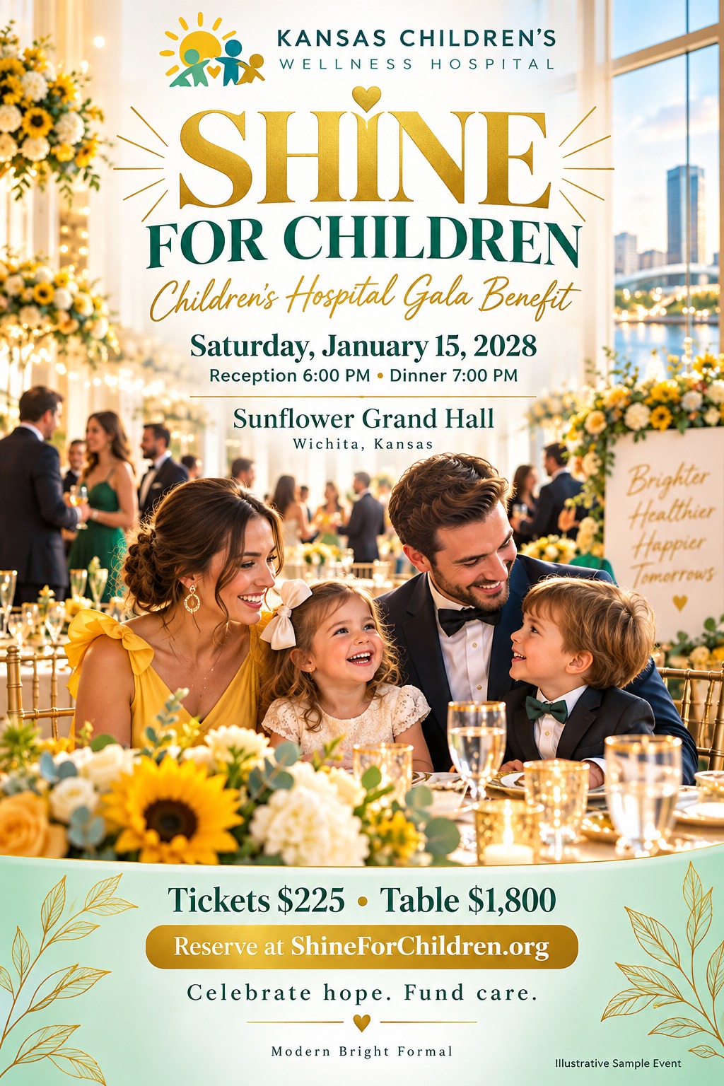Elegant fundraising gala flyer featuring a happy family at a formal dinner table adorned with sunflowers. The design uses gold and dark green text on a bright, airy background.