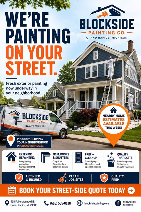 Flyer for Blockside Painting Co. titled 'We're Painting On Your Street.' Shows painters working on a blue house, a branded van, and lists services like exterior repainting and trim work.