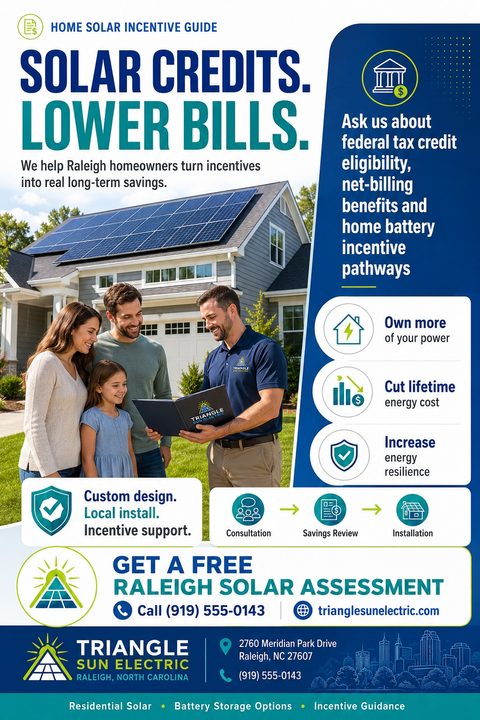 Flyer template for a solar company titled 'Solar Credits. Lower Bills.' featuring a photo of a family talking to a solar installer in front of a house with solar panels. Includes sections for benefits, a process timeline, and contact information.