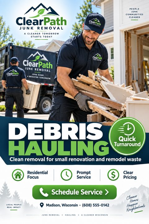 A junk removal flyer featuring a worker carrying wood debris to a branded truck. It has bold navy and green text reading Debris Hauling with icons for residential focus, prompt service, and clear pricing.