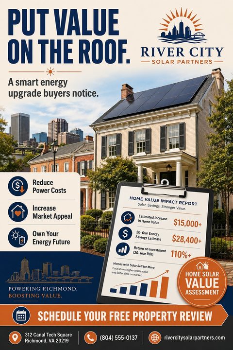 Flyer for a solar company titled 'Put Value on the Roof' featuring a house with solar panels, a clipboard showing a 'Home Value Impact Report', and a call to action to schedule a free property review.