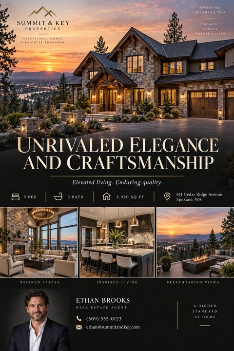 Real estate flyer template featuring a large photo of a luxury stone and wood house at sunset. Below are three smaller photos showing a living room, kitchen, and patio view. The bottom section includes agent contact information.