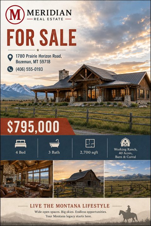 Real estate flyer for a ranch property. Features a large photo of a rustic home with mountains in the background, three smaller photos of the interior, barn, and land, and icons for property details.