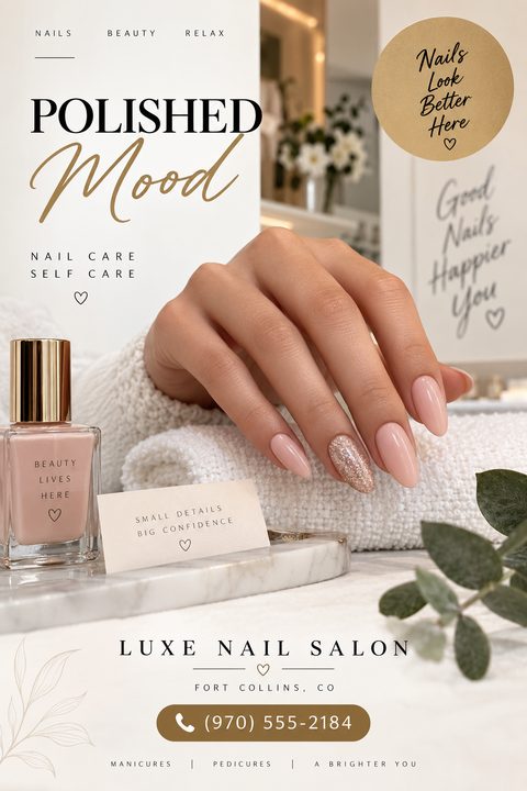 A flyer for a nail salon featuring a woman's hand with a fresh manicure resting on a white towel next to a bottle of nail polish. The text reads 'Polished Mood' and 'Luxe Nail Salon'.