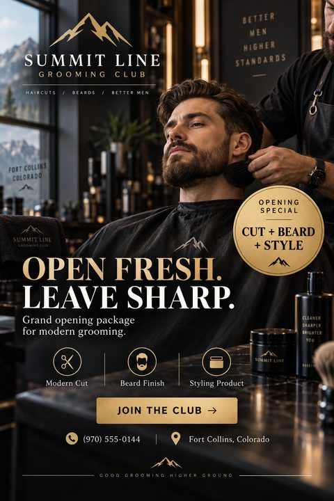 A flyer for a men's grooming club grand opening. It features a large photo of a man getting his beard trimmed in a barbershop. The text 'Open Fresh. Leave Sharp.' is prominent, with gold accents and icons for 'Modern Cut', 'Beard Finish', and.