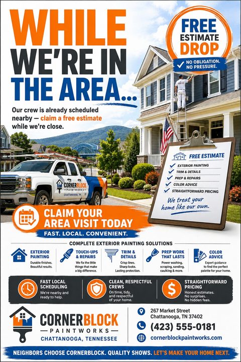 A painting company flyer with a bold 'While we're in the area' headline. It features a work truck, a painter on a ladder, a clipboard checklist, and service icons in orange and blue.