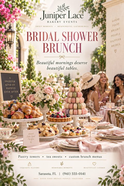An elegant flyer for bridal shower brunch catering. A large photo shows a beautifully set table with croissants, a macaron tower, and floral arrangements, with women enjoying brunch in the background.