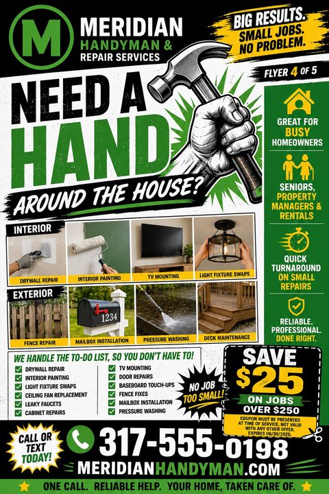 Bold black, green, and yellow handyman flyer featuring an illustration of a hand holding a hammer, a grid of eight home repair photos, service checklists, and a tear-off discount coupon.