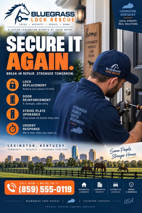 Flyer for Bluegrass Lock Rescue with a photo of a locksmith working on a door lock, a city skyline with horses, and a list of services like lock replacement and door reinforcement.