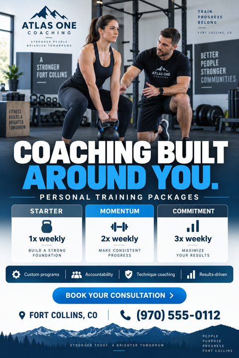 A personal training flyer featuring a photo of a trainer assisting a client with a kettlebell squat. Below the photo is the headline 'Coaching Built Around You' and three pricing packages: Starter, Momentum, and Commitment.
