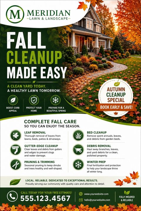 A landscaping flyer template featuring a suburban house surrounded by autumn leaves. The design uses a dark green background with white text, listing fall cleanup services like leaf removal and pruning.