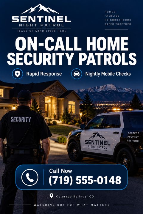 A dark blue flyer for home security patrols featuring a nighttime photo of a security guard standing next to a patrol car in front of a lit house with mountains in the background.