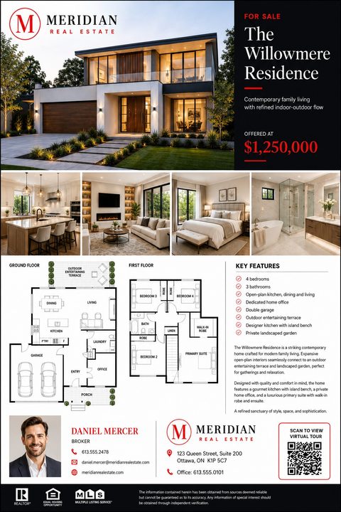 A modern real estate flyer featuring a large exterior house photo, four interior shots, detailed ground and first-floor plans, key features list, property description, agent headshot, and a QR code.