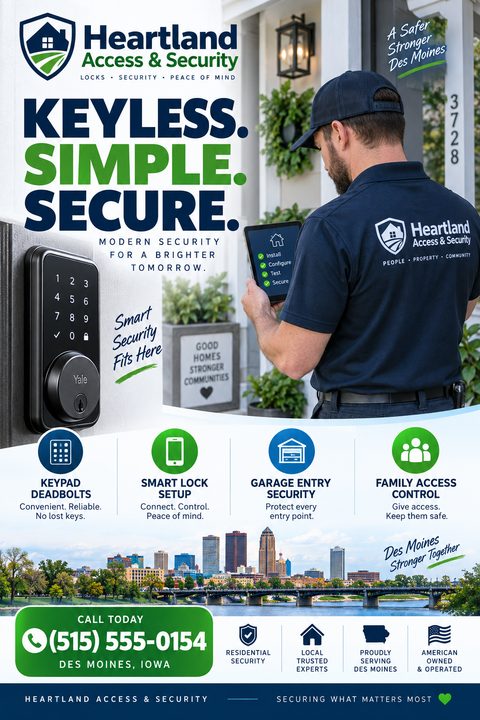 Flyer for a security company. Top half shows a technician using a tablet outside a home and a close-up of a smart lock keypad. Text reads 'Keyless. Simple. Secure.' Bottom half features service icons, a city skyline, and contact information.