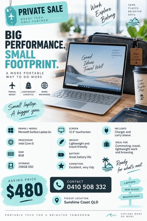 A private sale flyer for a laptop featuring a photo of a computer on a desk, a grid of technical specifications with icons, teal brush stroke accents, and a large price tag.