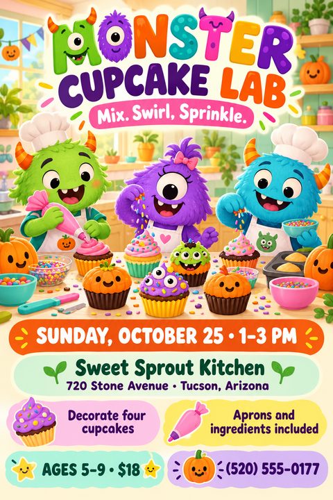 A colorful flyer for a Monster Cupcake Lab featuring three cute cartoon monsters wearing aprons and decorating cupcakes with frosting and sprinkles. Includes event details, date, location, and price.