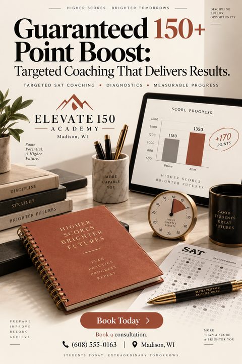 A flyer for SAT coaching featuring a desk with a notebook, pens, a timer, an SAT bubble sheet, and a tablet showing a score progress graph.