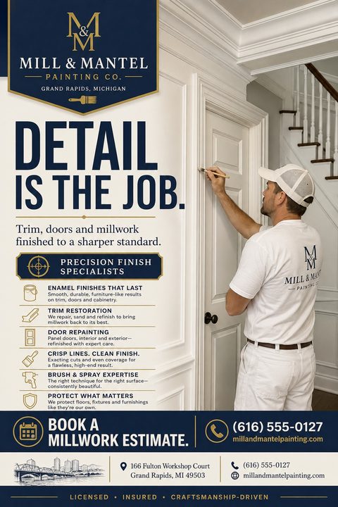 Flyer for Mill & Mantel Painting Co. featuring a painter working on interior trim. Text reads 'Detail is the job. Trim, doors and millwork finished to a sharper standard.' Includes a list of services and contact information.