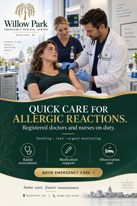 Flyer for an emergency medical center. Top half shows a doctor and nurse treating a patient with a rash. Bottom half is dark green with gold text reading 'Quick Care for Allergic Reactions' and icons for rapid assessment, medication support, and.