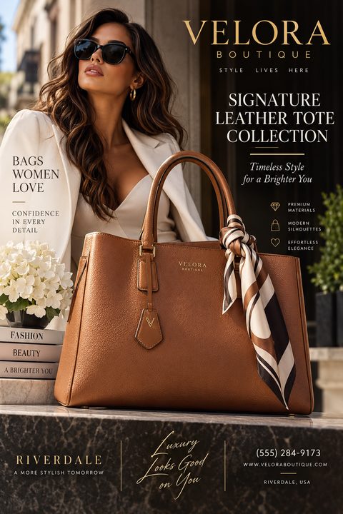 A fashion flyer for a boutique featuring a large brown leather tote bag with a patterned scarf tied to the handle. A woman in a white blazer and sunglasses is in the background.