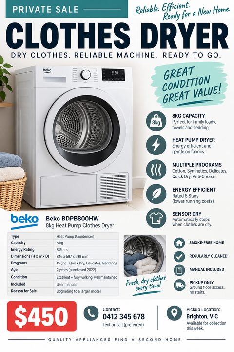 A private sale flyer for a clothes dryer. It features a large photo of a white dryer, a teal brushstroke graphic, feature icons, a detailed specification table, and a bold red price tag.