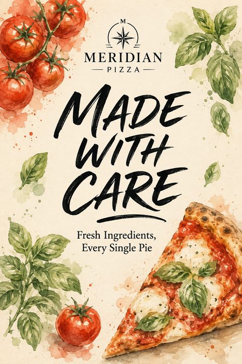 Flyer for Meridian Pizza with watercolor illustrations of tomatoes, basil leaves, and a slice of margherita pizza. Text reads 'Made With Care. Fresh Ingredients, Every Single Pie.'