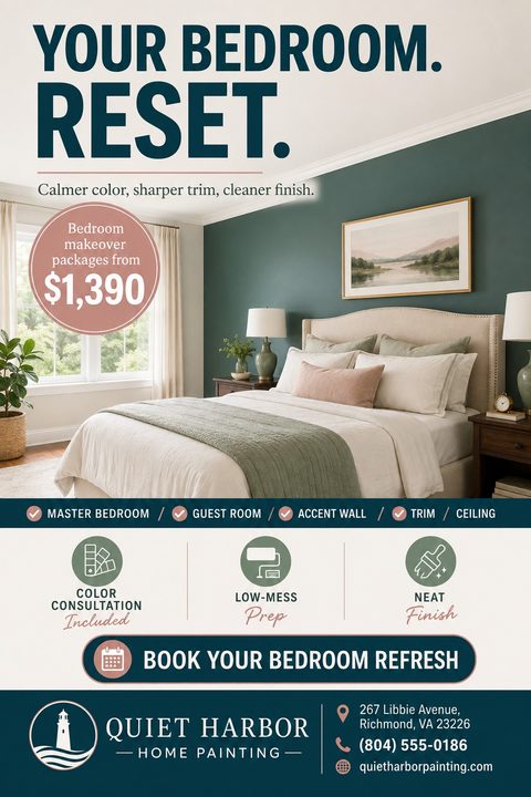 Flyer for Quiet Harbor Home Painting promoting bedroom makeovers. Features a photo of a beautifully painted bedroom with a dark green accent wall, a price circle, service icons, and contact details.