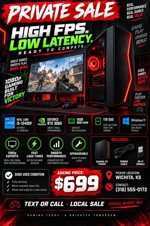 A flyer for a private sale of a gaming PC. The design is dark with bright red and neon green accents. It features a large photo of a gaming setup with a monitor displaying a first-person shooter game and a PC tower with red LED lighting. Text.