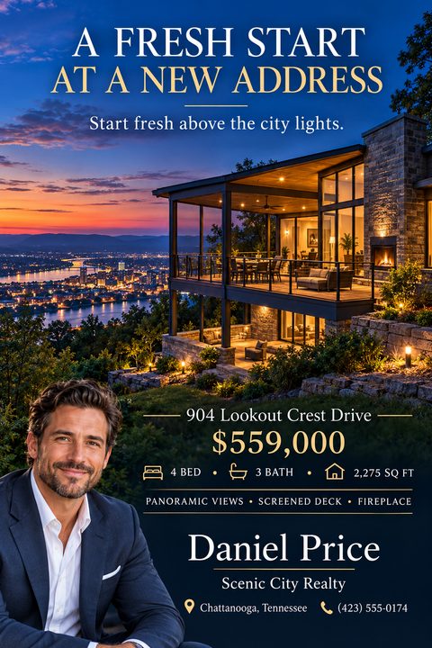 A real estate flyer featuring a large twilight photo of a luxury home overlooking a city. Below, on a navy background with gold text, are property details, price, and a real estate agent's portrait.