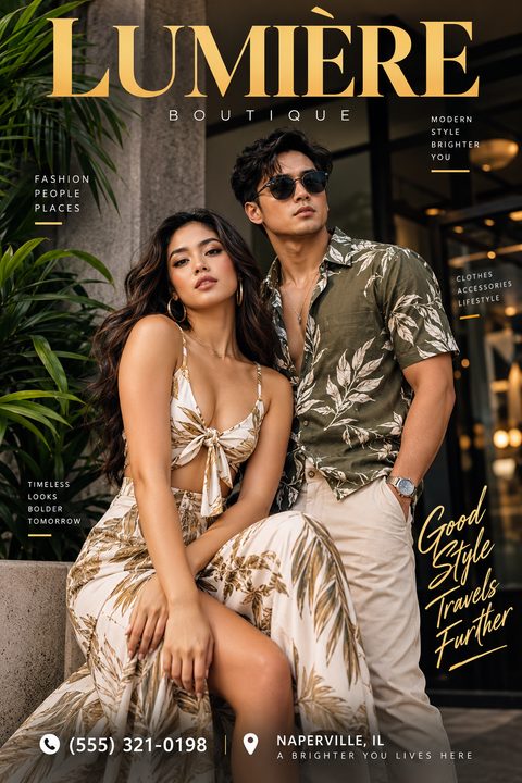 A magazine-style fashion flyer featuring a stylish couple in botanical prints. Large gold serif typography reads Boutique at the top, with elegant text overlays and contact details at the bottom.