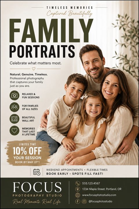 Flyer for family portraits featuring a smiling family of four in neutral clothing. Text includes 'Family Portraits', '10% off your session', and studio contact details on a dark green footer.