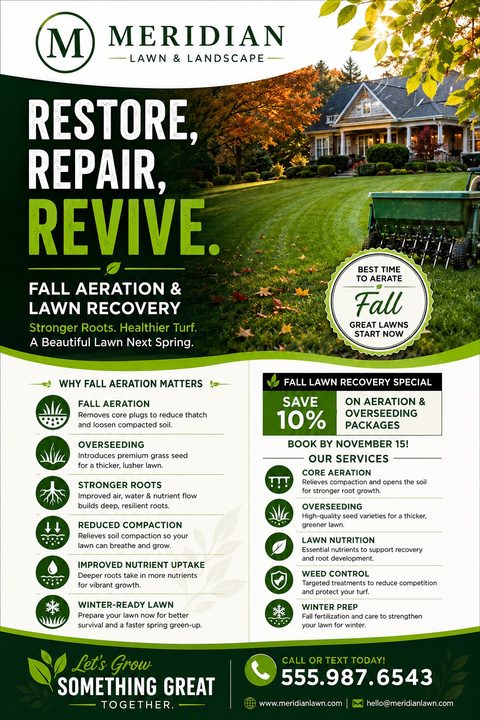 Lawn care flyer template with a photo of a lush green lawn and a house in the background. The text promotes fall aeration and lawn recovery services, with a wavy green design separating the photo from the service details and a 10% off special offer.