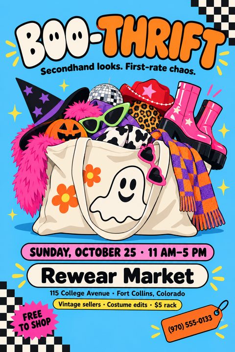 A colorful cartoon flyer on a light blue background. A large tote bag with a ghost on it overflows with costume items like a witch hat, pink boots, and a disco ball.