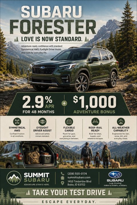 A car dealership flyer featuring a green SUV parked in a mountainous landscape. It includes large text for financing offers, a row of feature icons, and a secondary photo of a family hiking.