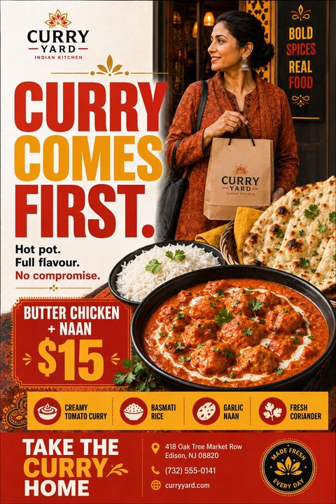 Flyer for an Indian restaurant takeout special. Features a woman holding a takeout bag, a large bowl of butter chicken, rice, and naan bread. Bold text reads 'Curry Comes First' and highlights a $15 meal deal.
