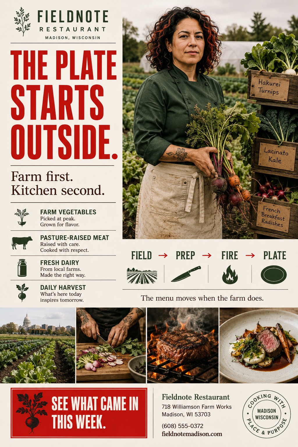 Flyer for a farm-to-table restaurant. Large photo of a chef holding fresh vegetables in a field. Text reads 'The plate starts outside. Farm first. Kitchen second.' Icons show farm vegetables, pasture-raised meat, fresh dairy, and daily harvest. A.