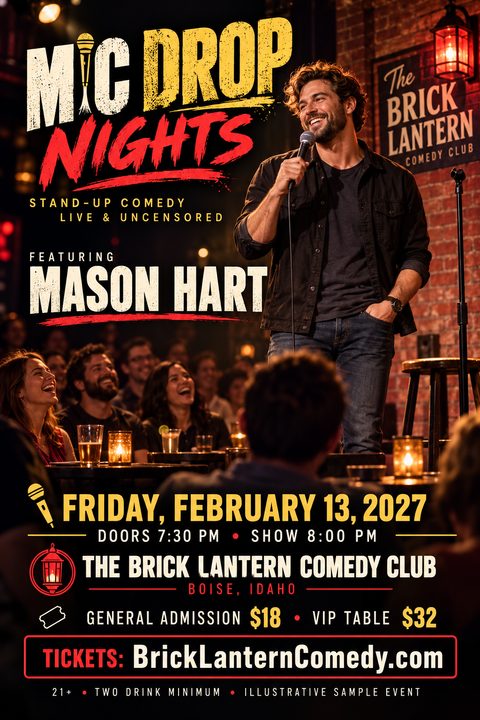 A comedy club flyer featuring a smiling male comedian on stage holding a microphone, with a laughing audience in the foreground. Bold yellow and red text displays event details against a dark brick background.