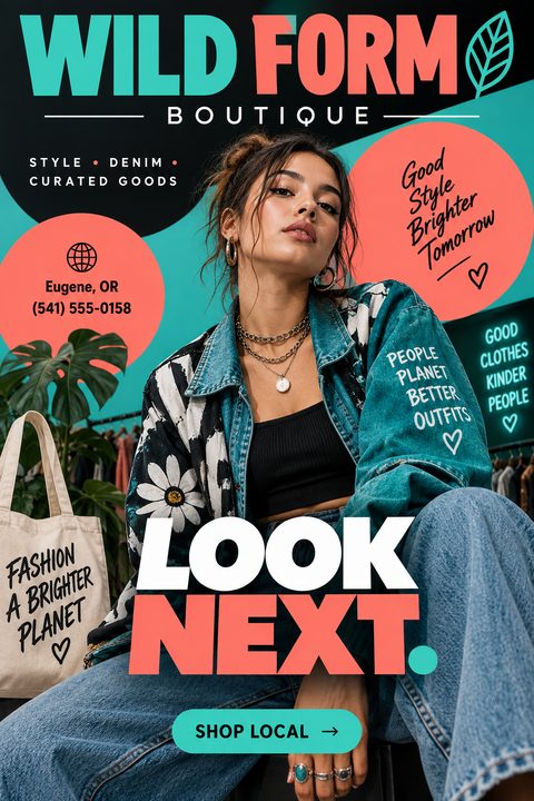A bold fashion boutique flyer featuring a central photo of a model in a denim jacket. Large teal and coral typography reads Wild Form Boutique and Look Next, with circular graphic accents.