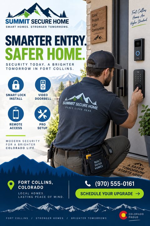 Flyer for a home security company showing a technician installing a smart lock on a front door. Text reads 'Smarter Entry. Safer Home.' with icons for smart lock install, video doorbell, remote access, and pro setup.