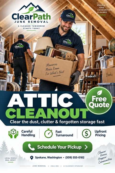 Flyer template for junk removal services. Top half shows a man carrying a box of items out of an attic. Bottom half has large text 'Attic Cleanout', a 'Free Quote' badge, service icons, and contact information.
