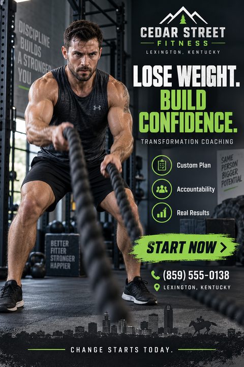 A fitness flyer featuring a muscular man using battle ropes in a gym. Text reads 'Lose Weight. Build Confidence. Transformation Coaching' with bullet points for Custom Plan, Accountability, and Real Results. A bright green 'Start Now' button is.