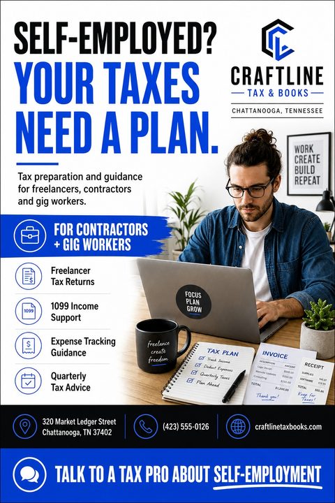 Flyer for Craftline Tax & Books titled 'Self-Employed? Your Taxes Need A Plan.' featuring a photo of a man working on a laptop with tax documents, and a list of services like Freelancer Tax Returns and 1099 Income Support.