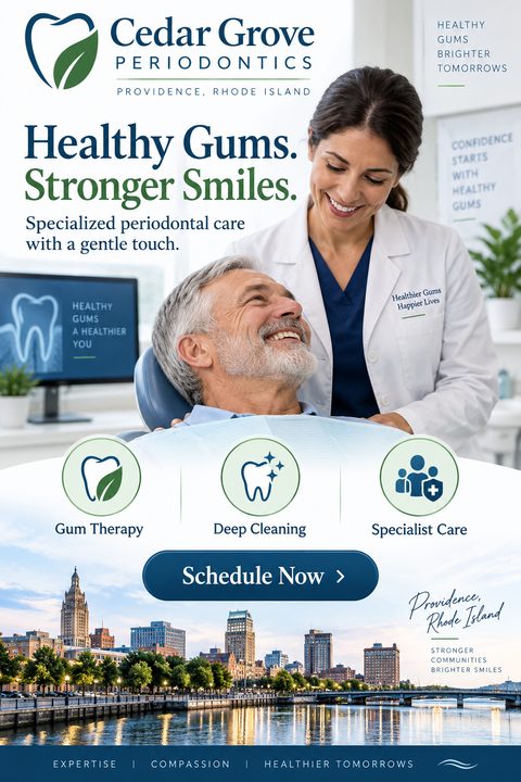 A flyer for Cedar Grove Periodontics featuring a smiling female dentist with a male patient in a dental chair. Below are icons for Gum Therapy, Deep Cleaning, and Specialist Care, followed by a 'Schedule Now' button and a city skyline photo.