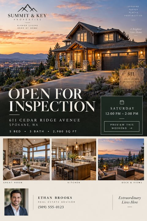 Real estate open house flyer featuring a large photo of a luxury home at sunset, three smaller interior photos, property details, and an agent headshot.